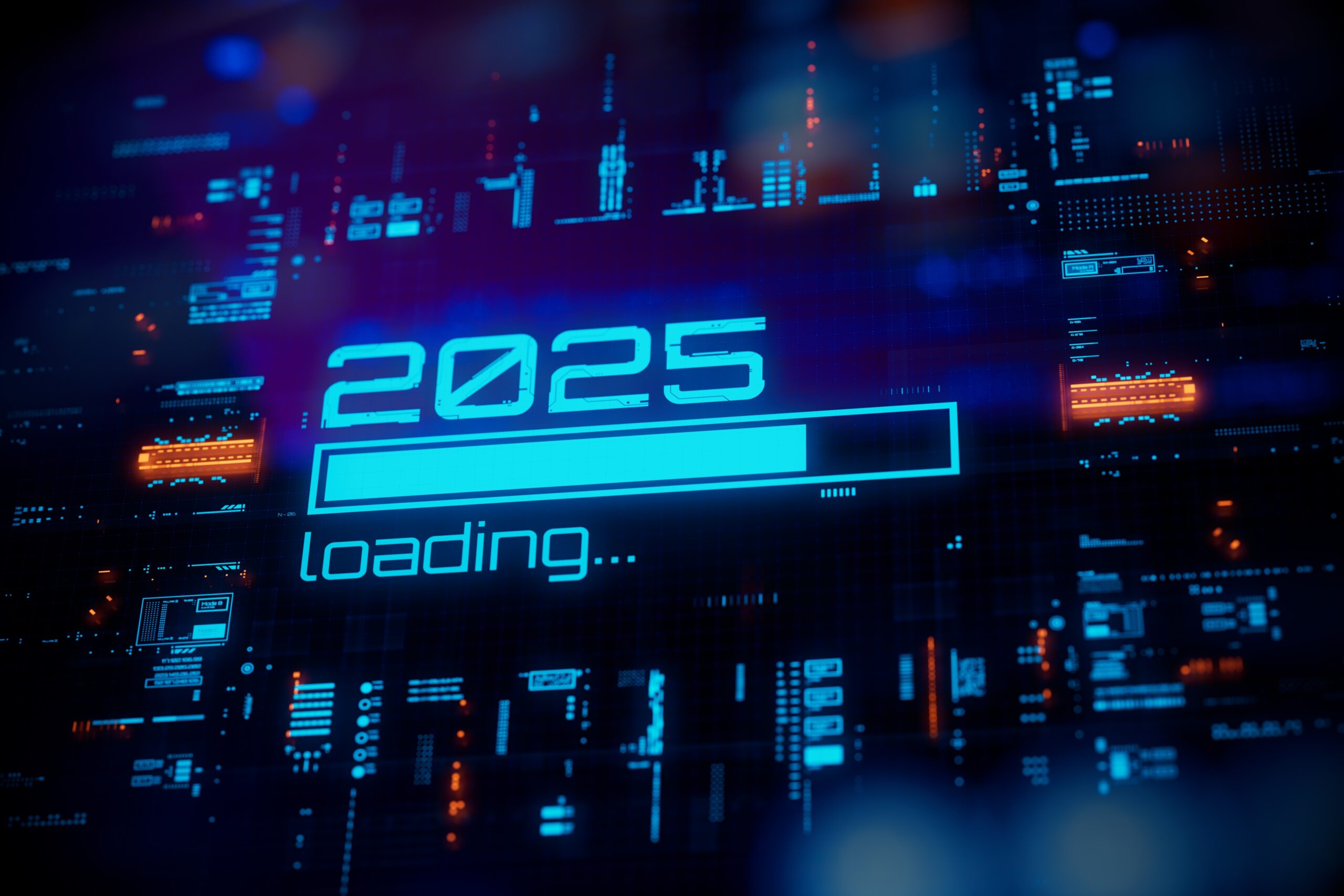 New 2025 year progress bar on digital lcd display with reflection. Concept of new year, annual plan, growth strategy, business planning, investment trends and strategy road map. 3D Illustration